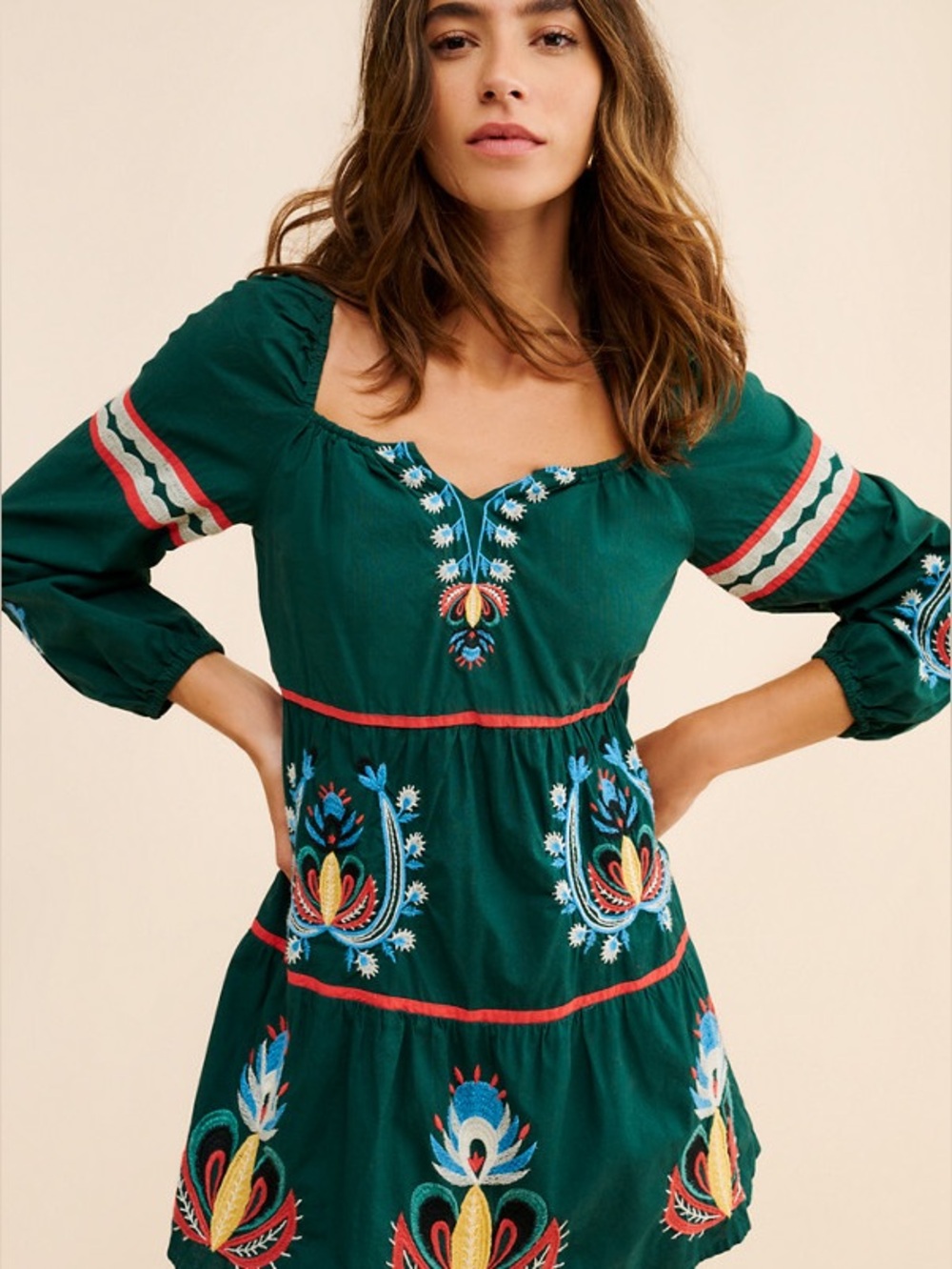 Anthropologie Let Me Be Embroidered Tunic Mini Dress Green Boho Peasant Size M